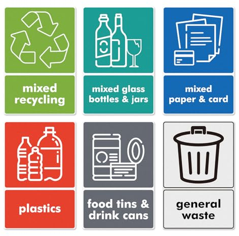YIKIADA Recycling Bins Stickers Self Adhesive Vinyl 150 × 100 MM Waterproof Mixed Set Decals Removable Recycling Signs for Indoor Outdoor Kitchen Pack of 6
