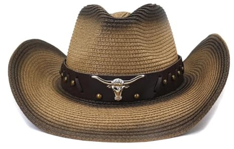 WOYUANSHA Cowboyhüte Bull Head Accessories Cowboyhut Aus Papierstroh Sonnenschutz Farbverlaufshut Sprühfarbe Strandkappe Unisex Verstellbares Seil Jazzkappe Erwachsene 56 Bis 58 cm Khakischwarz