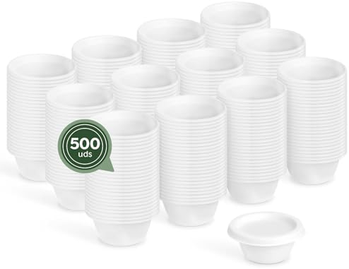 MAXI PRODUCTS - 500 Salseras Caña de Azúcar con Tapa - 60 ml - Tarrinas Blancas Cierre Seguro - Recipientes de Caña de Azúcar Compostables para Salsas - Envases con Tapa - APTO MICROONDAS