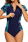 SHEKINI Women's One Piece Rash Guard Short Sleeve 1/4 Zip up Swimsuit Quick Dry Bathing Suit Build in Bra Swimming Costume, Blue Leaf, XL