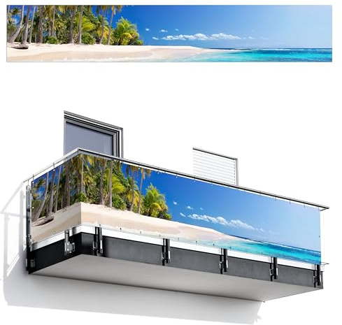 MuchoWow© Balkon Sichtschutz Einseitig Groß Terrassen Gartenzaun | 85x500 cm - Balkonfächer ohne bohren Wetterfest für Zaun Terrasse Balkonbespannung Seitenschutz Strand - Meer - Palme