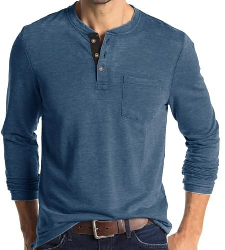 Mens Polo Shirts Henley T Shirts Collarless Grandad T Shirt Golf Shirts Long Sleeve Tops Denim Blue T Shirt Men M