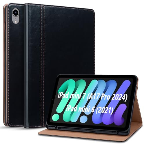 ONETHEFUL Case for iPad mini 7 (A17 Pro 2024)/iPad mini 6 (2021) with Pencil Holder, PU Leather Tablet Cover for iPad Mini 7th/6th Gen 8.3 Inch Case with Stand and Auto Wake/Sleep, Black