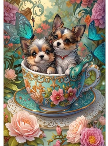 TWYYDP Puzzle de 520 Pièces pour Adulte Chiot Tasse de Thé Puzzle en Bois des Jeux Amusants pour Toute la Famille