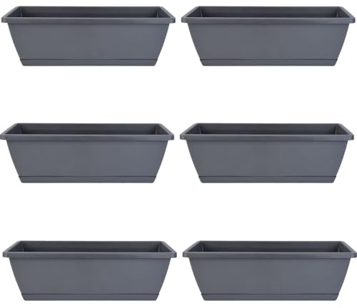 Veesper 6Pcs Rectangle Planter, Ventilated Planter Box with Drainage PP Rectangle Planter with Tray 16.9x7.1x6.3in Flower Vegetable Planter for Balcony Windowsill Garden, Light Grey