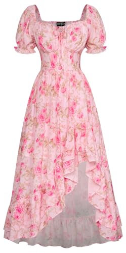 SCARLET DARKNESS Women's Boho Dress Square Neck Floral Dress Smocked Puff Sleeves Party Victorian Costume Light Pink M