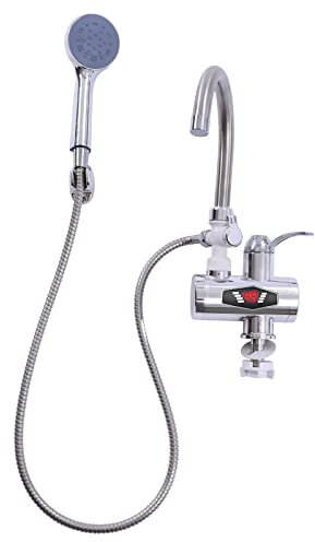 Warm Armatur 360° Elektrische Wasserhahn Durchlauferhitzer mit Dusche für Hotels und Andere Einrichtungen Silber 3000W 14.5 * 23 * 29CM