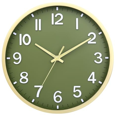 Moiubik 25 cm Lautlos Wanduhr Ohne Tickgeräusche, Moderne Batteriebetriebene Uhr für Zuhause,Wohnzimmer, Schlafzimmer, Küche,Büro, Wanddekoration (Grünes Gold,25CM)