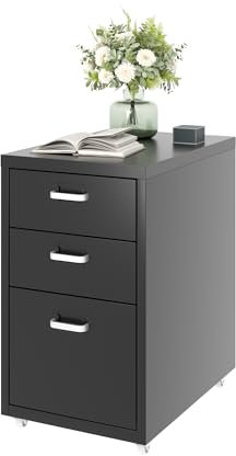FlexiSpot Rollcontainer Büroschrank mit 3 Schubladen, Aktenschrank Metallschrank Kommode mit Rädern, Schreibtisch Unterschrank für Zuhause und Büro (Schwarz)