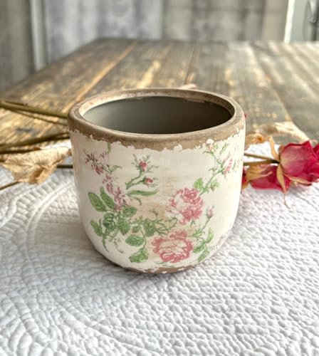 Chic Antique Blumentopf Übertopf Pflanzentopf klein mit Rosennmuster H 9 cm Ecru Keramik Shabby Landhaus Vintage