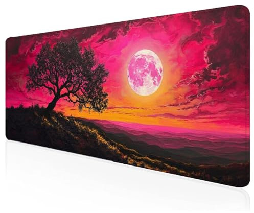 Mauspad Rot,Mausepad XXL 700x400x3mm Gaming Mauspad Mond,Großes Mousepad mit vernähten Kanten,Anti-Rutsch Gummibasis Schreibtischunterlage,Verbessert Präzision und Geschwindigkeit M-35