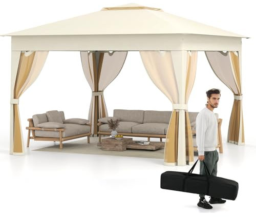 HOMASIS Faltpavillon 3,3x3,3m, Pop up Pavillon mit 4 Moskitonetz & Doppeldach, Wasserdichter Stabil Wetterfest Gartenpavillon mit Tragetasche, höhenverstellbar Partyzelt mit UV-Schutz für Garten Party