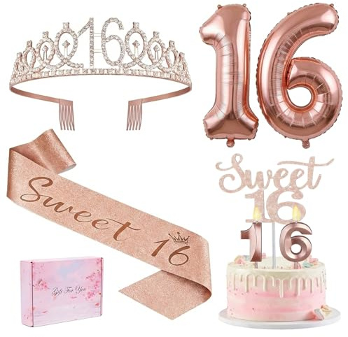 Deko 16 Geburtstag Mädchen - Sweet 16 Deko Mädchen Schärpe Geburtstagskrone, Geburtstagsdeko Geschenke für 16 Jährige Geburtstagsparty Supplies