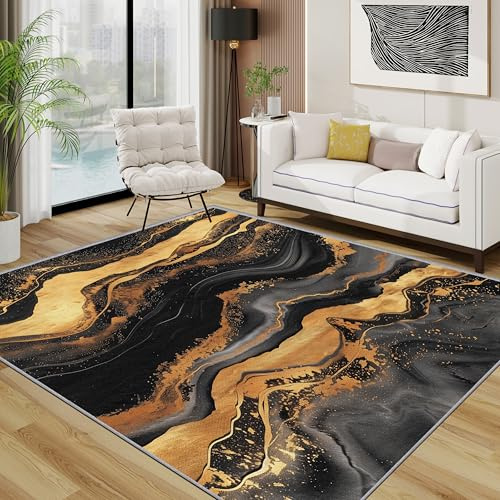 TerroVee Textur Teppich, Modern Luxus Kunst Teppich Eingang, Schwarz Gold Kurzflor Waschbar Antirutsch Klein Teppiche, 50x80 cm, Gold Schwarz