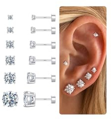 TINGN 6 Paar Ohrstecker Silber 925 für Damen Herren Klein Flatback Ohrstecker Piercing CZ/Perlen/Runde Kugelschraube Flat Back Knorpel Ohrringe Set
