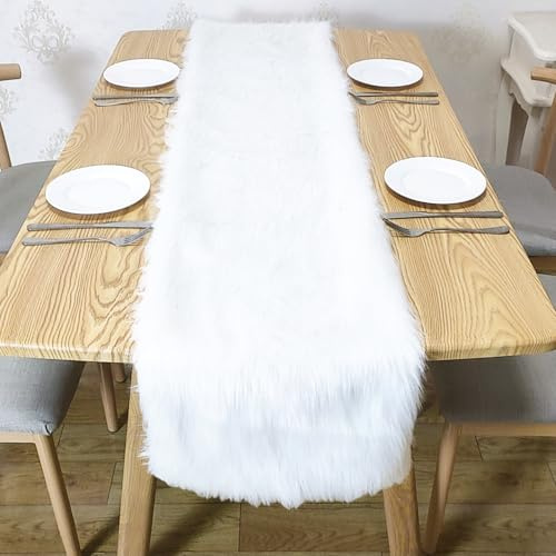Tischläufer Weihnachten 180x35cm Tischläufer Kunstfell, Weihnachten Weiß Fell Pelz-Tischläufe Dekofell Tischdecke Tischdeko Modern Für Weihnachten ,Hochzeit, Esstisch Deko