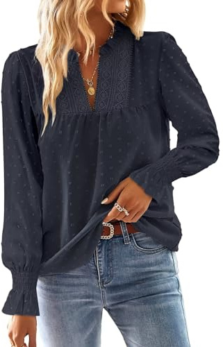 TUUHAW Tops for Women UK Elegant V Neck Autumn Blouse Trendy Flowy Ruffled Long Sleeves Hollow Out Detail Bohemian Tunic Top for Ladies Wear Casual Chic Style​Winter Outfits Navy Blue S
