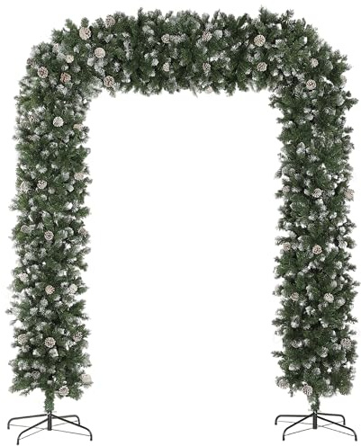 HOMCOM 8.2 ft Snow Frosted Christmas Tree Arch, Christmas Arch Doorway Decor with 1800 Tips and 91 Pinecones, Artificial Xmas Tree with Metal Stand for Indoor, Green