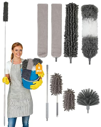 8 Piezas Plumero telescopico Extensible Lavable, Plumero atrapapolvo, Plumero Extensible, Plumero telescópico Lavable y Escoba para telarañas para techos, Grietas y Muebles