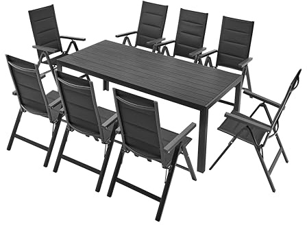 MAT-COMPANY Gartengarnitur 9-teilig Tisch 200 cm + 8 Stühle Aluminium Schwarz Holzoptik Deluxe-Version