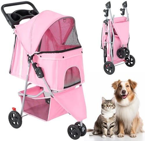 KMFurnila 3 Wheel Pet Stroller for Dogs and Cats, Foldable, Lightweight and Durable, Ideal for Small to Medium Pets, Includes Storage Basket and Cup Holders