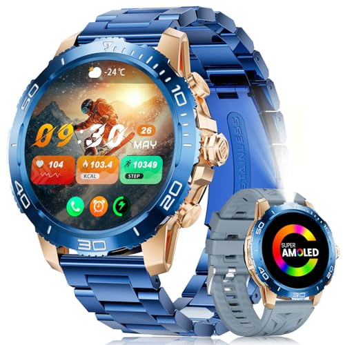 CHOOSETIME Reloj Inteligente Hombre con Linterna/800mAh Batería, 1.43 AMOLED Lujo Smartwatch Hombre con Llamadas Bluetooth, Monitor de Sueño, IP68 Impermeable, 200+ Modos Deportivos para Android iOS