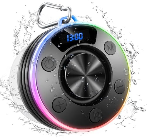 Dyurwa Haut-parleur de douche Bluetooth étanche avec affichage de l'heure, IPX7 Waterproof Shower Speaker, basses puissantes, ventouse et clip à crochet, mains libres, boîte à musique pour salle de
