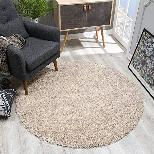 SANAT Teppich Rund - Beige Hochflor, Langflor Modern Teppiche fürs Wohnzimmer, Schlafzimmer, Esszimmer oder Kinderzimmer, Größe: 80x80 cm