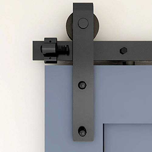 9FT / 274cm Kit de puerta corrediza de granero, puerta de granero resistente Kit de riel negro para puerta de madera individual, percha en forma de J
