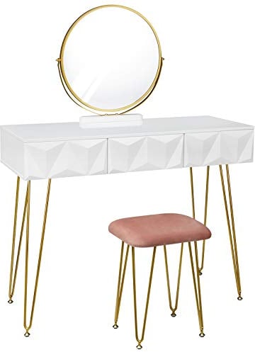 eSituro Make-up Table with 360° Revolving Round Mirror, Bedroom Dressing Table with 3 Drawers, Mirror and Padded Stool in Pink Velvet, Wood and Metal Vanity Table, 100x40x79cm, White + Pink SDT0042