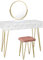 eSituro Make-up Table with 360° Revolving Round Mirror, Bedroom Dressing Table with 3 Drawers, Mirror and Padded Stool in Pink Velvet, Wood and Metal Vanity Table, 100x40x79cm, White + Pink SDT0042