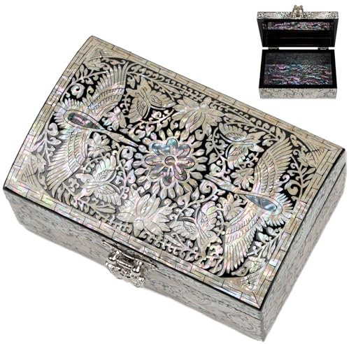 February Mountain – Boîte à Bijoux en Nacre Coréenne – Coffret Cadeau Femme avec Miroir – Motif Grue Élégante – Idée Unique pour Anniversaire, Noël ou Mariage
