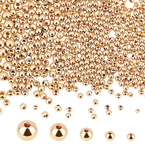 PandaHall 695pcs 18K Gold Abstandsperlen, 5 Größen Nahtlose Glatte Perlen Lose Perlen Kleine Kugelperlen Kleine Runde Abstandshalter Für Armband Halskette Schmuck DIY Handwerk