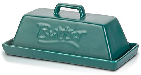Porcelain Butter Dish with Lid, Candiicap Classic Matte Butter Keeper for Countertop, Large Butter Holder for Butter Storage, Dishwasher Safe (Matte Green)