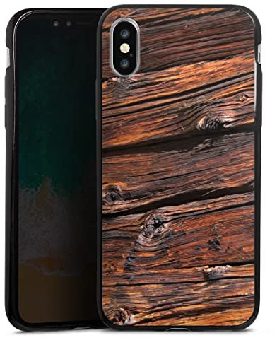 Slim Case extra dünn kompatibel mit Apple iPhone XS Silikon Handyhülle schwarz Hülle Holzoptik Holzbalken Holz