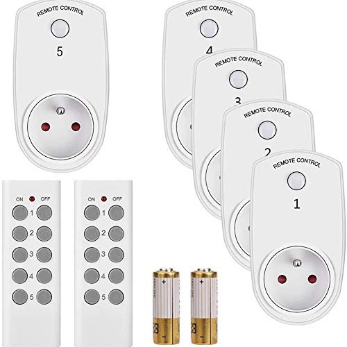 Pack de 5 Enchufes Radiocontrolados con 2 Mandos a Distancia, Juego de Enchufes Inteligentes, Enchufes con Mando a Distancia, Enchufe de bajo Consumo para Decoración Navideña, Adornos Navideños, Elect
