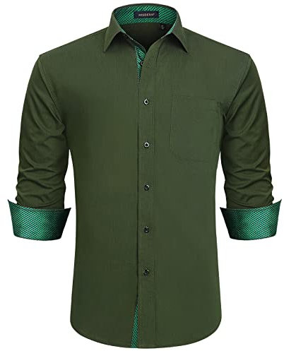 HISDERN Chemise habillée Vert armée Formelle à Manches Longues boutonnée Marron Travail à Carreaux Mode Smart Floral Coupe régulière Chemises Pied-de-Poule L