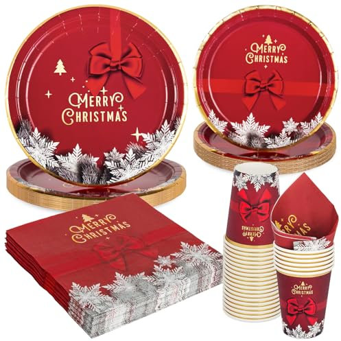 PARTY GO 125PCS Christmas Party Tableware, Red Paper Plates Cups and Napkins Straws, Christmas Dinner Set Disposable Supplies Packs for Xmas Decorations Serves 25 Guests