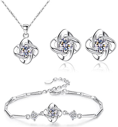 FFWTPY 3 Piezas Conjunto Joyería Nudo Celta Cristal Azul Collar Pulsera Pendientes Plata Brillante Elegante Mujer Adorno