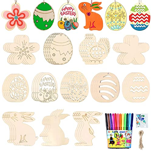 Ostern Basteln Holz, 48 Stück Ostern Holzanhänger, DIY Anhänger Ostern, Ostereier Holzbastelset für Kinder, Osterhase Ostereier Küken, Ostereier zum Bemalen, Holzanhänger Ostern für Osterdeko