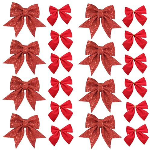 Jupsk Weihnachten Schleife Set, 20 Stücke Schleifen Glitzer Weihnachtsdeko Weihnachtsbaum Schmuck zum Einpacken von Geschenken, Girlande Deko (Rot)