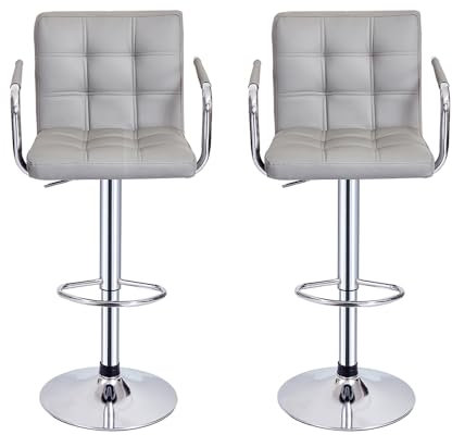 Lot de 2 Tabourets de Bar, Chaises Haut, Hauteur Réglable, Revêtement en PU, Rotatif sur 360°, avec Accoudoirs, Dossier et Repose-Pieds, Pied Chromé (Gris)