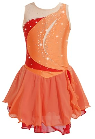 Alvivi Eiskunstlauf Kleid Mädchen Ballettkleid Glitzer Rollschuhkleid mit Strass Ballerina Latein Tanzkleid Eislaufen Wettbewerb Tanzkostüm Orange 134-140