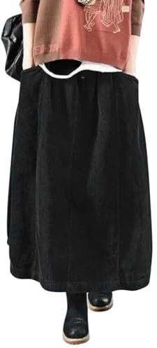 Minetom Damen Rock Herbst Winter Cord Rock Frauen Vintage Midi Lange Röcke Kordsamt Freizeitrock Midirock Elastische Taille A-Linie Skirt Faltenrock mit Taschen A Schwarz L