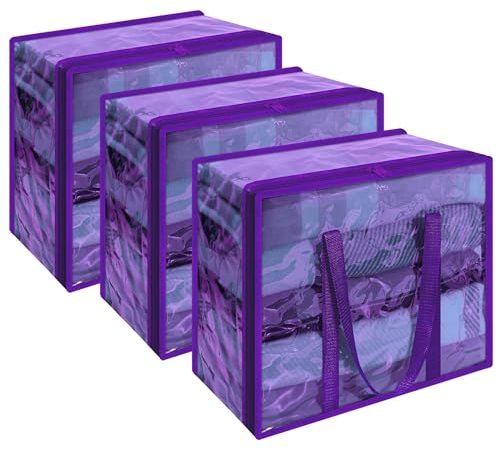 Vieshful 3 Pack Clear Storage Bags Clothes Storage Bags with Zips 40L Transparent Underbed Storage for Clothing, Blankets, Duvet, Pillow, Purple