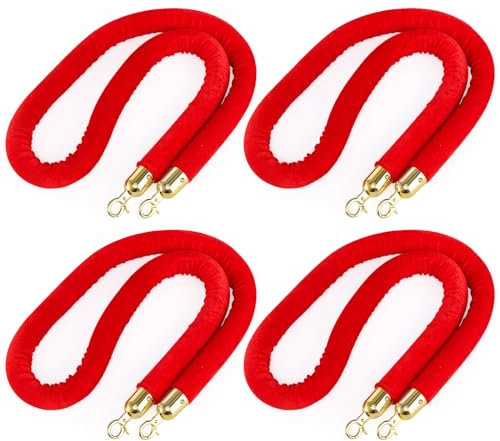 Okllen 4 Pack Red Velvet Stanchion Rope, 1.5M Crowd Control Ropes Safety Barriers with Polished Gold Hooks for Movie Theater, Queue Barrier, Grand Openings, Hotel Celebration, Carpet Event
