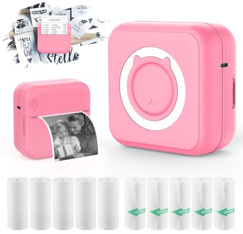 Mini Taschendrucker, Tragbarer Thermo Fotodrucker mit 6 Rollen Druckpapier für iOS/Android Bluetooth Tintenloser Drucker Etikettendrucker für Tagebücher, Studiennotizen, Etiketten, Memos(Rosa)