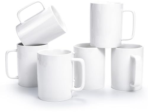 Lot de 6 Grandes Tasses à Café en Céramique de 500 ml pour Latte, Thé Chaud, Cappuccino, Cacao et Moka, Bord Droit et Poignée Confortable – Passe au Lave-Vaisselle et au Micro-ondes, Blanc