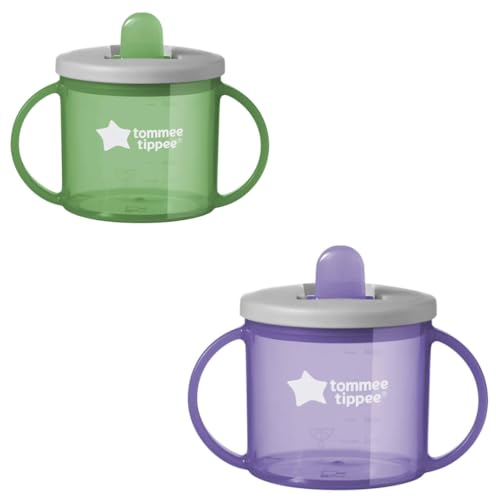 Two Free Flow First Cup Sippy Cup with Fold-Down, Leak-Proof Spout, 4m+, Purple and Green, 2 Pack