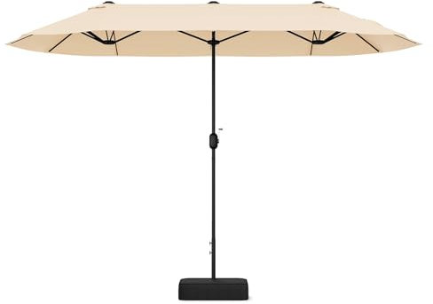 COSTWAY Ombrellone Doppio da Giardino 400 x 200 cm, Ombrellone Rettangolare con Base, Parasole Esterno con Manovella e 12 Stecche, per Giardino Piscina Patio (Beige)